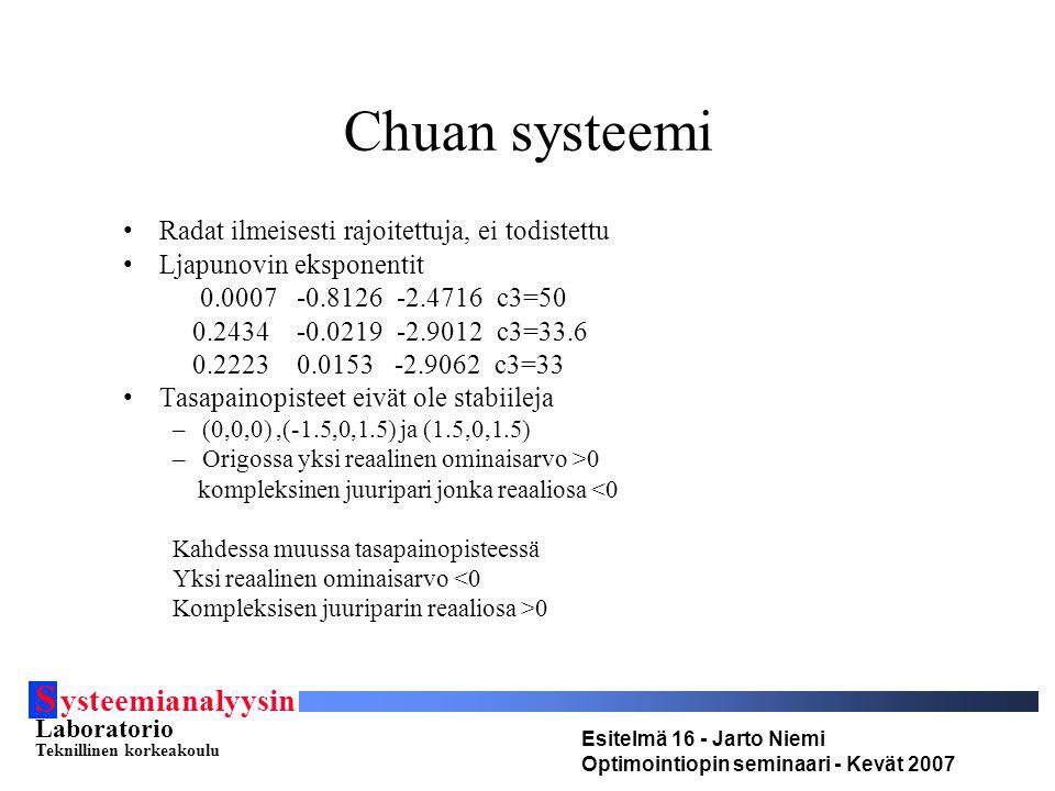 S ysteemianalyysin Laboratorio Teknillinen korkeakoulu Esitelmä 16 - Jarto Niemi Optimointiopin seminaari - Kevät 2007 Chuan systeemi Radat ilmeisesti rajoitettuja, ei todistettu Ljapunovin eksponentit c3= c3= c3=33 Tasapainopisteet eivät ole stabiileja –(0,0,0),(-1.5,0,1.5) ja (1.5,0,1.5) –Origossa yksi reaalinen ominaisarvo >0 kompleksinen juuripari jonka reaaliosa <0 Kahdessa muussa tasapainopisteessä Yksi reaalinen ominaisarvo <0 Kompleksisen juuriparin reaaliosa >0