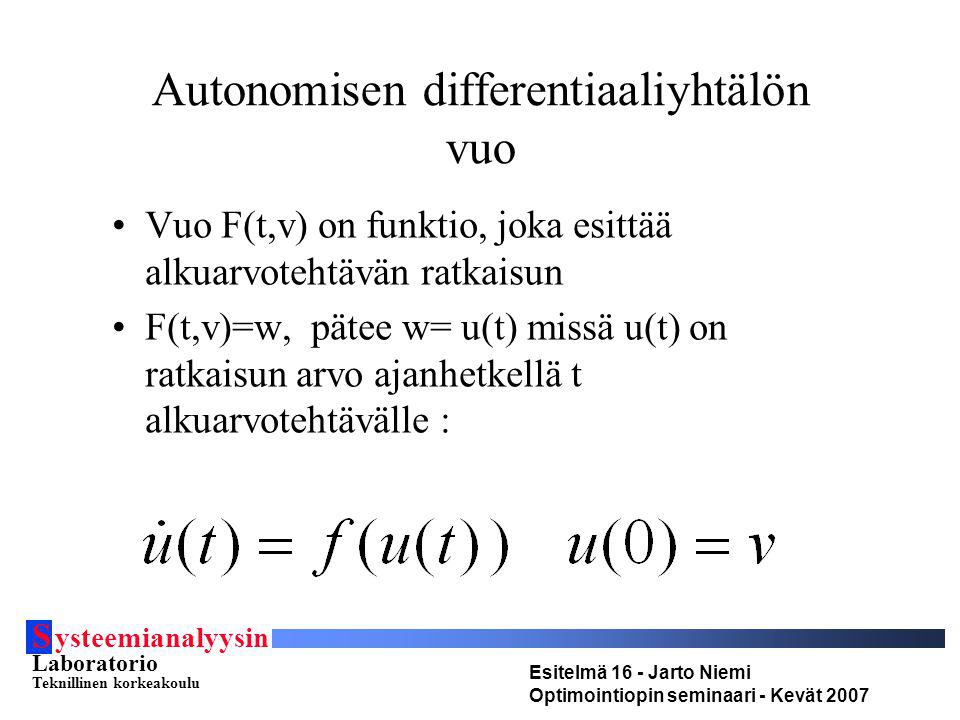 S ysteemianalyysin Laboratorio Teknillinen korkeakoulu Esitelmä 16 - Jarto Niemi Optimointiopin seminaari - Kevät 2007 Autonomisen differentiaaliyhtälön vuo Vuo F(t,v) on funktio, joka esittää alkuarvotehtävän ratkaisun F(t,v)=w, pätee w= u(t) missä u(t) on ratkaisun arvo ajanhetkellä t alkuarvotehtävälle :