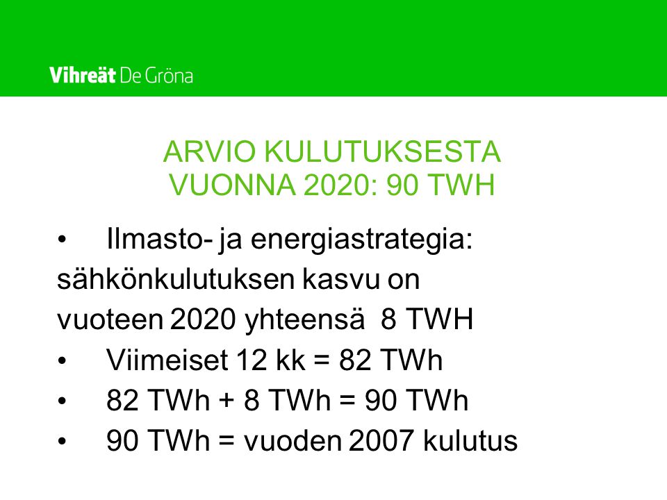 ARVIO KULUTUKSESTA VUONNA 2020: 90 TWH Ilmasto- ja energiastrategia: sähkönkulutuksen kasvu on vuoteen 2020 yhteensä 8 TWH Viimeiset 12 kk = 82 TWh 82 TWh + 8 TWh = 90 TWh 90 TWh = vuoden 2007 kulutus