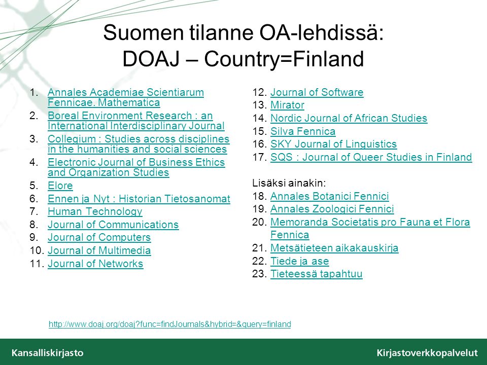 Suomen tilanne OA-lehdissä: DOAJ – Country=Finland 1.Annales Academiae Scientiarum Fennicae.