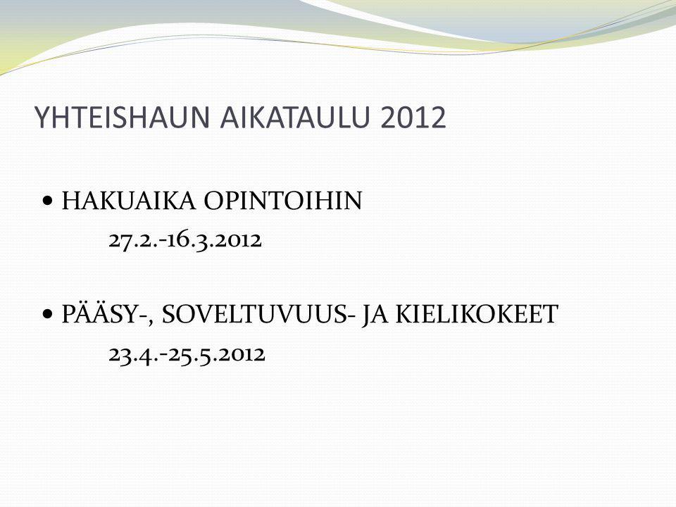 YHTEISHAUN AIKATAULU 2012 HAKUAIKA OPINTOIHIN PÄÄSY-, SOVELTUVUUS- JA KIELIKOKEET