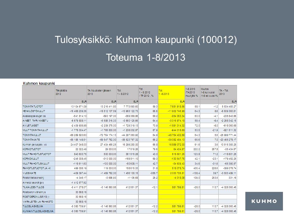 Tulosyksikkö: Kuhmon kaupunki (100012) Toteuma 1-8/2013