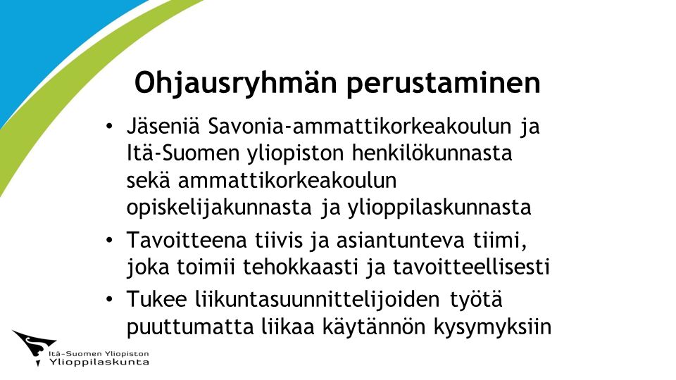 Ohjausryhmän perustaminen Jäseniä Savonia-ammattikorkeakoulun ja Itä-Suomen yliopiston henkilökunnasta sekä ammattikorkeakoulun opiskelijakunnasta ja ylioppilaskunnasta Tavoitteena tiivis ja asiantunteva tiimi, joka toimii tehokkaasti ja tavoitteellisesti Tukee liikuntasuunnittelijoiden työtä puuttumatta liikaa käytännön kysymyksiin