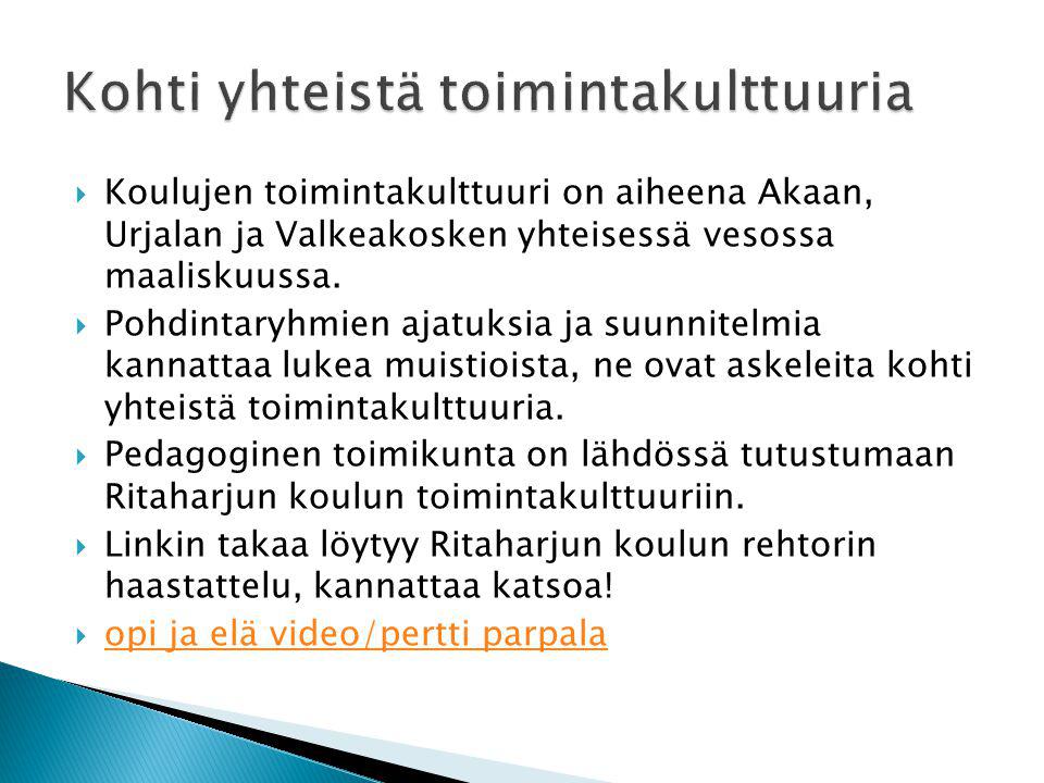  Koulujen toimintakulttuuri on aiheena Akaan, Urjalan ja Valkeakosken yhteisessä vesossa maaliskuussa.