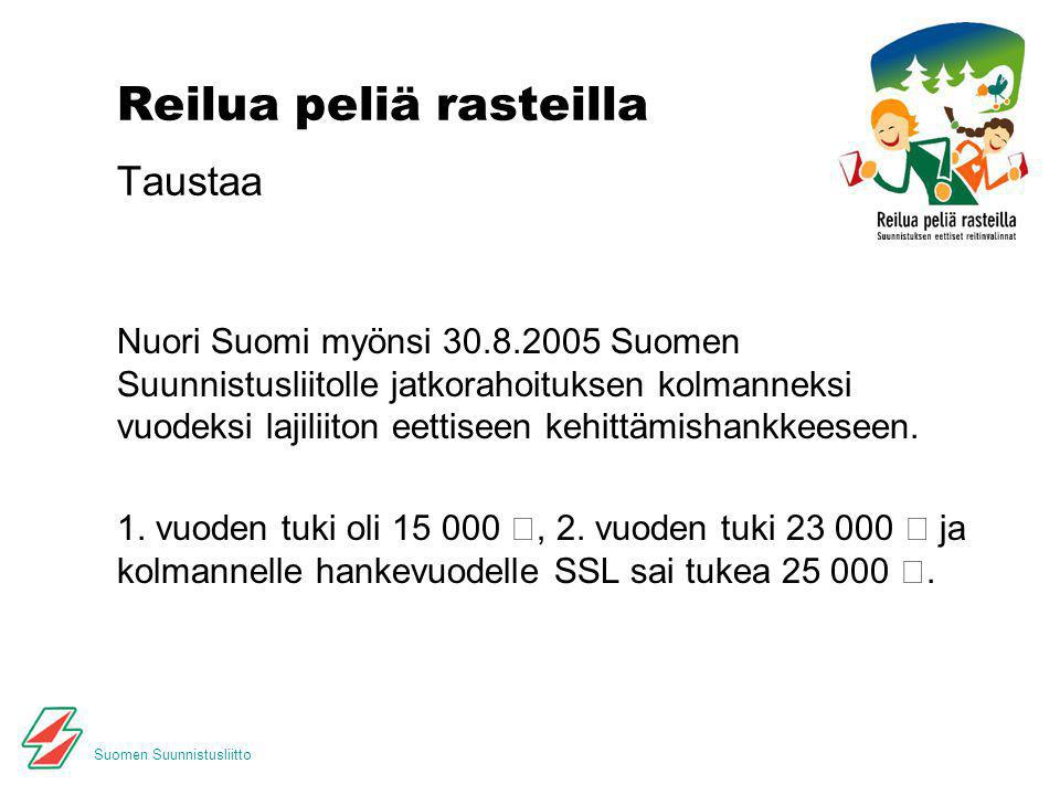 Suomen Suunnistusliitto Reilua peliä rasteilla Taustaa Nuori Suomi myönsi Suomen Suunnistusliitolle jatkorahoituksen kolmanneksi vuodeksi lajiliiton eettiseen kehittämishankkeeseen.