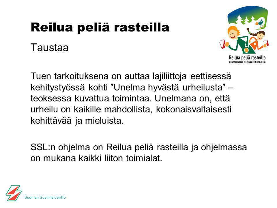 Suomen Suunnistusliitto Reilua peliä rasteilla Taustaa Tuen tarkoituksena on auttaa lajiliittoja eettisessä kehitystyössä kohti Unelma hyvästä urheilusta – teoksessa kuvattua toimintaa.