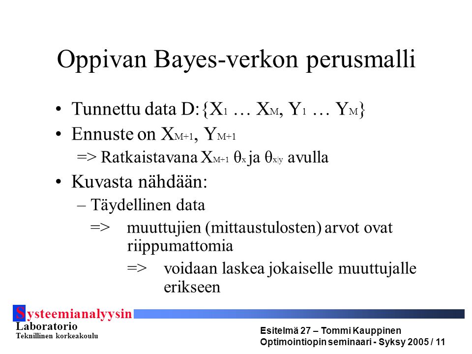 S ysteemianalyysin Laboratorio Teknillinen korkeakoulu Esitelmä 27 – Tommi Kauppinen Optimointiopin seminaari - Syksy 2005 / 11 Oppivan Bayes-verkon perusmalli Tunnettu data D:{X 1 … X M, Y 1 … Y M } Ennuste on X M+1, Y M+1 => Ratkaistavana X M+1 θ x ja θ x|y avulla Kuvasta nähdään: –Täydellinen data => muuttujien (mittaustulosten) arvot ovat riippumattomia => voidaan laskea jokaiselle muuttujalle erikseen