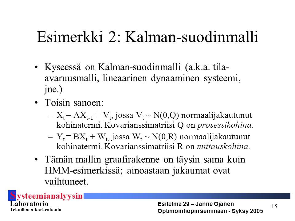 S ysteemianalyysin Laboratorio Teknillinen korkeakoulu Esitelmä 29 – Janne Ojanen Optimointiopin seminaari - Syksy Esimerkki 2: Kalman-suodinmalli Kyseessä on Kalman-suodinmalli (a.k.a.