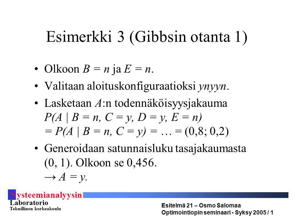 S ysteemianalyysin Laboratorio Teknillinen korkeakoulu Esitelmä 21 – Osmo Salomaa Optimointiopin seminaari - Syksy 2005 / 1 Esimerkki 3 (Gibbsin otanta 1) Olkoon B = n ja E = n.