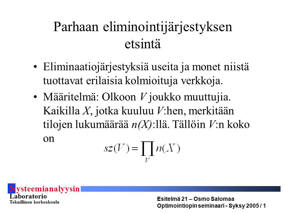 S ysteemianalyysin Laboratorio Teknillinen korkeakoulu Esitelmä 21 – Osmo Salomaa Optimointiopin seminaari - Syksy 2005 / 1 Parhaan eliminointijärjestyksen etsintä Eliminaatiojärjestyksiä useita ja monet niistä tuottavat erilaisia kolmioituja verkkoja.