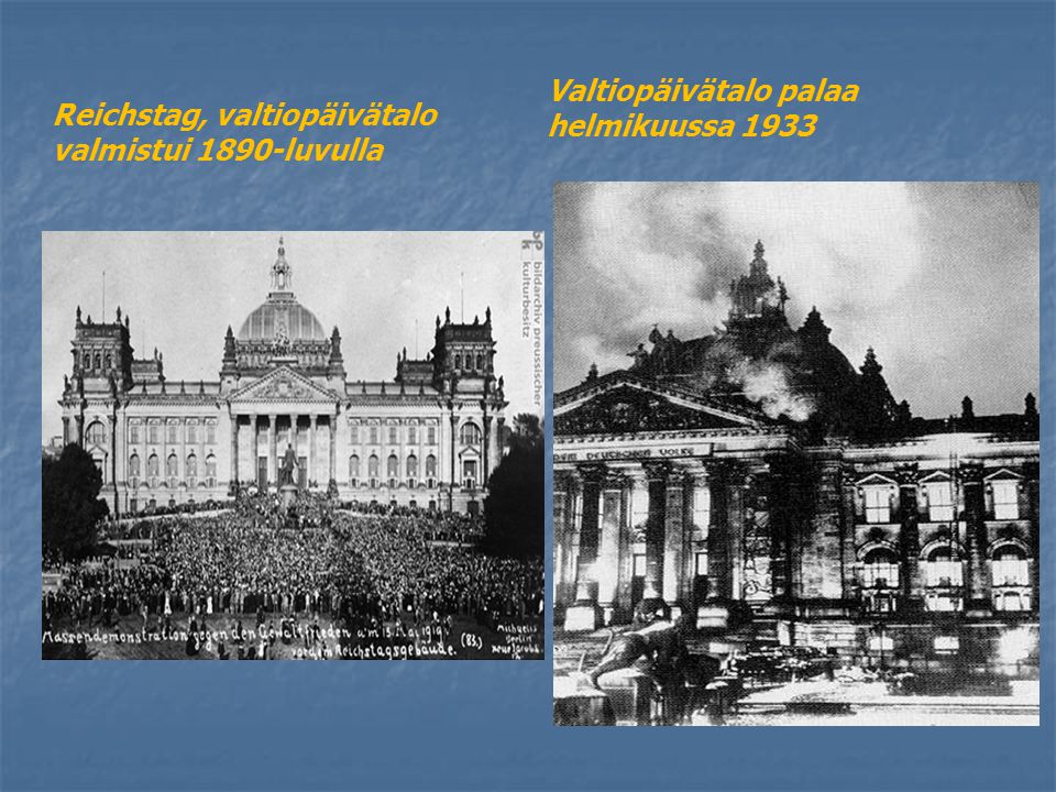 Reichstag, valtiopäivätalo valmistui 1890-luvulla Valtiopäivätalo palaa helmikuussa 1933