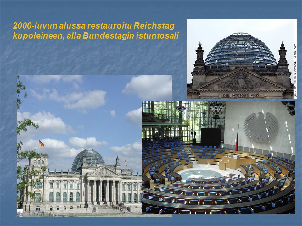 2000-luvun alussa restauroitu Reichstag kupoleineen, alla Bundestagin istuntosali