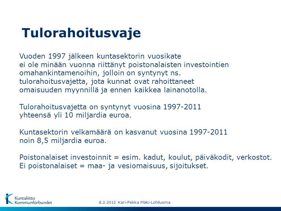 Kari-Pekka Mäki-Lohiluoma Vuoden 1997 jälkeen kuntasektorin vuosikate ei ole minään vuonna riittänyt poistonalaisten investointien omahankintamenoihin, jolloin on syntynyt ns.