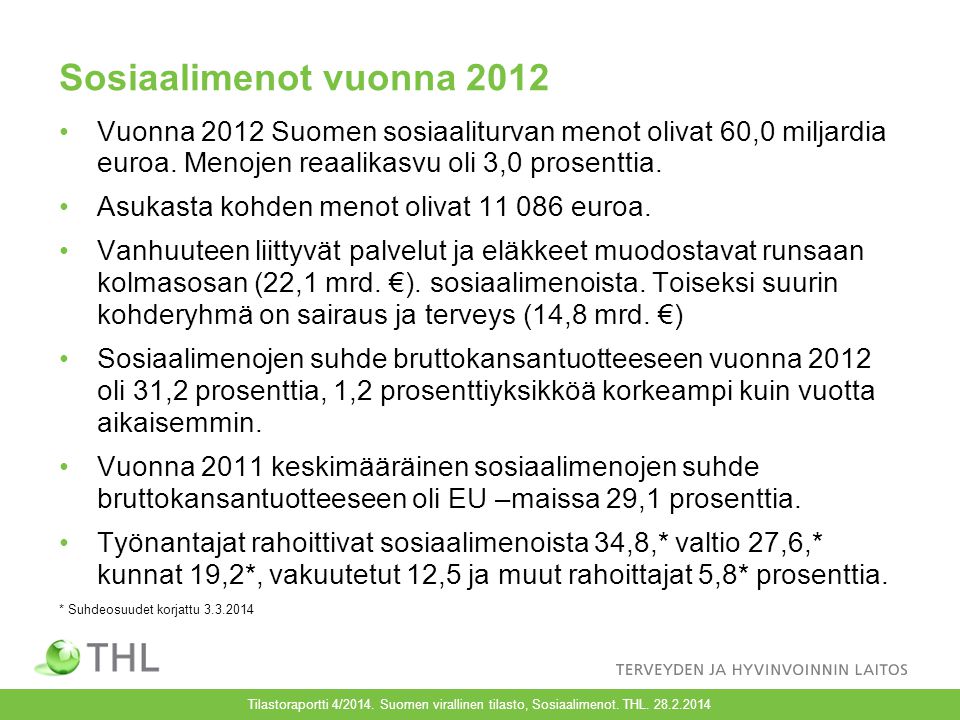 Sosiaalimenot vuonna 2012 Vuonna 2012 Suomen sosiaaliturvan menot olivat 60,0 miljardia euroa.