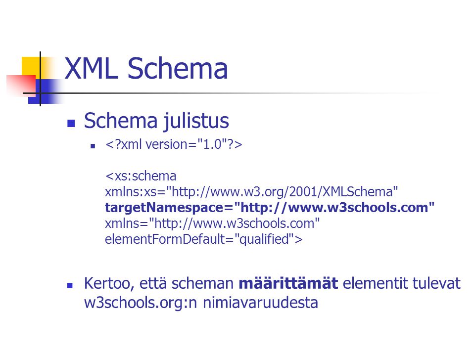 XML Schema Schema julistus Kertoo, että scheman määrittämät elementit tulevat w3schools.org:n nimiavaruudesta