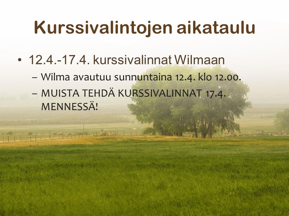 Kurssivalintojen aikataulu kurssivalinnat Wilmaan –Wilma avautuu sunnuntaina