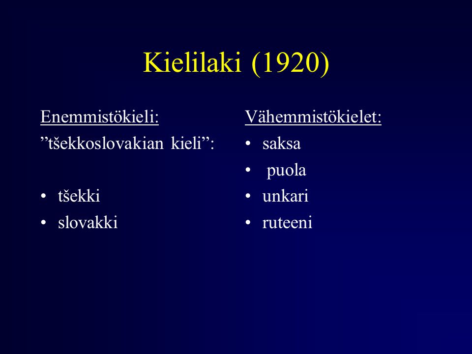 Kielilaki (1920) Enemmistökieli: tšekkoslovakian kieli : tšekki slovakki Vähemmistökielet: saksa puola unkari ruteeni
