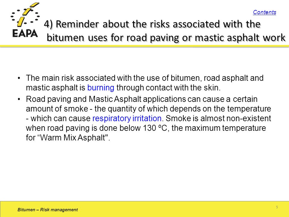 The main risk associated with the use of bitumen, road asphalt and mastic asphalt is burning through contact with the skin.