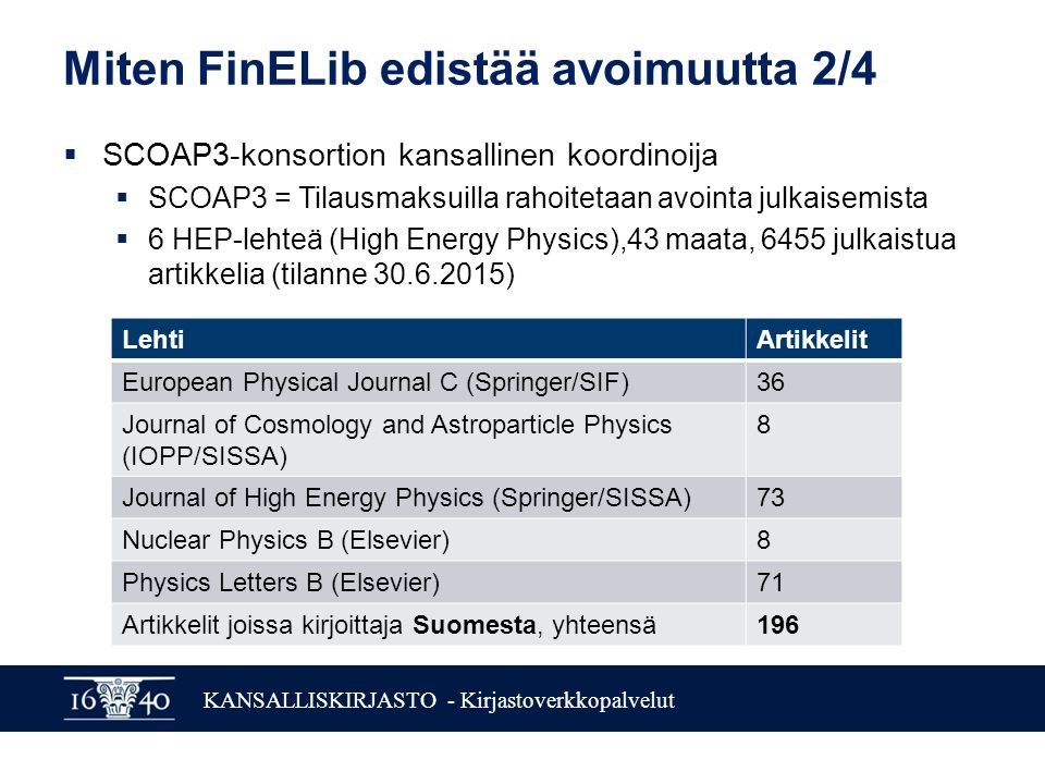 KANSALLISKIRJASTO - Kirjastoverkkopalvelut Miten FinELib edistää avoimuutta 2/4  SCOAP3-konsortion kansallinen koordinoija  SCOAP3 = Tilausmaksuilla rahoitetaan avointa julkaisemista  6 HEP-lehteä (High Energy Physics),43 maata, 6455 julkaistua artikkelia (tilanne ) LehtiArtikkelit European Physical Journal C (Springer/SIF)36 Journal of Cosmology and Astroparticle Physics (IOPP/SISSA) 8 Journal of High Energy Physics (Springer/SISSA)73 Nuclear Physics B (Elsevier)8 Physics Letters B (Elsevier)71 Artikkelit joissa kirjoittaja Suomesta, yhteensä196