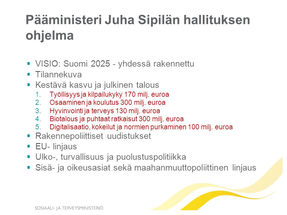 Pääministeri Juha Sipilän hallituksen ohjelma  VISIO: Suomi yhdessä rakennettu  Tilannekuva  Kestävä kasvu ja julkinen talous 1.Työllisyys ja kilpailukyky 170 milj.