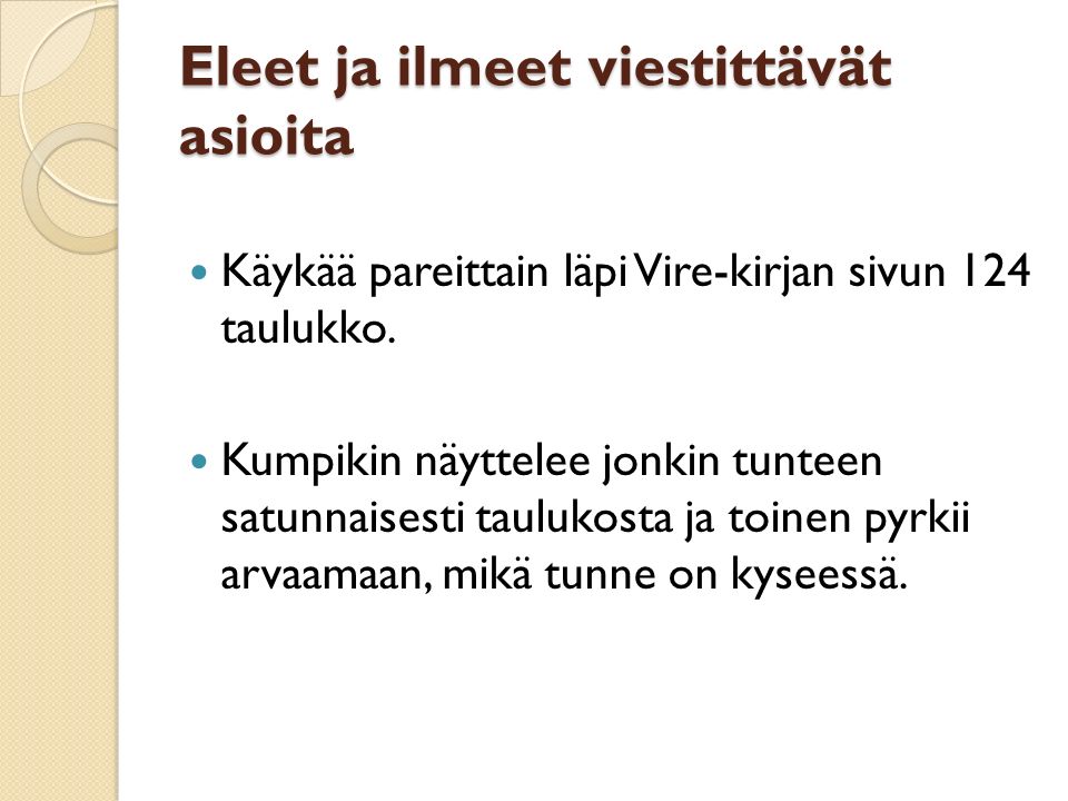 Eleet ja ilmeet viestittävät asioita Käykää pareittain läpi Vire-kirjan sivun 124 taulukko.