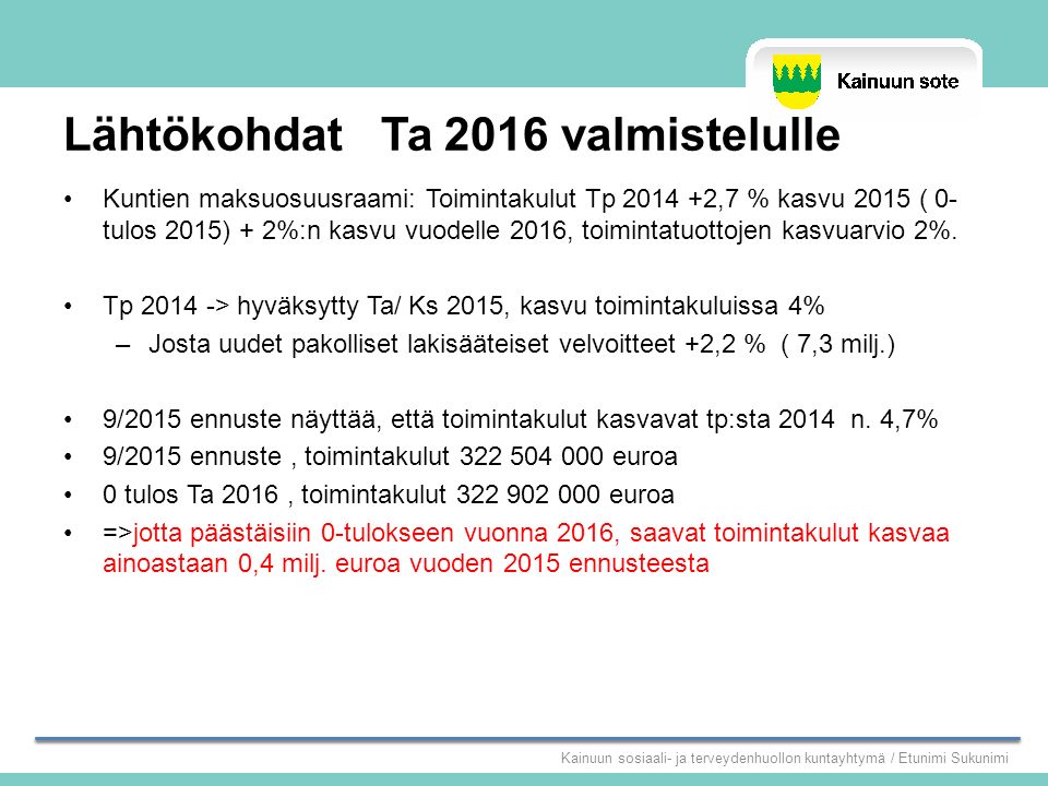 Lähtökohdat Ta 2016 valmistelulle Kuntien maksuosuusraami: Toimintakulut Tp ,7 % kasvu 2015 ( 0- tulos 2015) + 2%:n kasvu vuodelle 2016, toimintatuottojen kasvuarvio 2%.