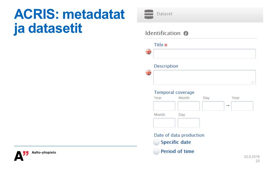 ACRIS: metadatat ja datasetit