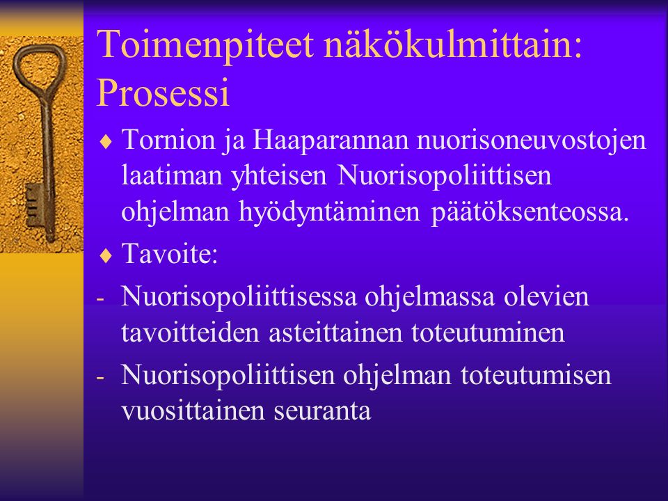 Toimenpiteet näkökulmittain: Prosessi  Tornion ja Haaparannan nuorisoneuvostojen laatiman yhteisen Nuorisopoliittisen ohjelman hyödyntäminen päätöksenteossa.