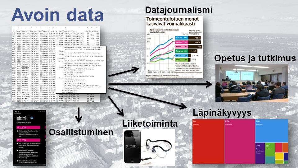 Datajournalismi Opetus ja tutkimus Läpinäkyvyys Liiketoiminta Avoin data Osallistuminen