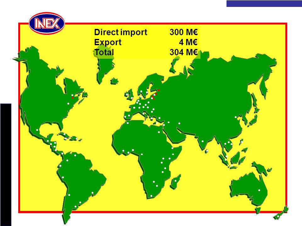INEX GROUP - FOREIGN TRADE 2002 Direct import 300 M€ Export 4 M€ Total304 M€