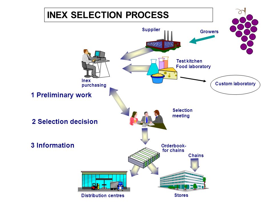 Chains INEX SELECTION PROCESS Supplier Test kitchen Food laboratory Inex purchasing Selection meeting Orderbook- for chains Distribution centres Stores 1 Preliminary work 2 Selection decision 3 Information Custom laboratory Growers