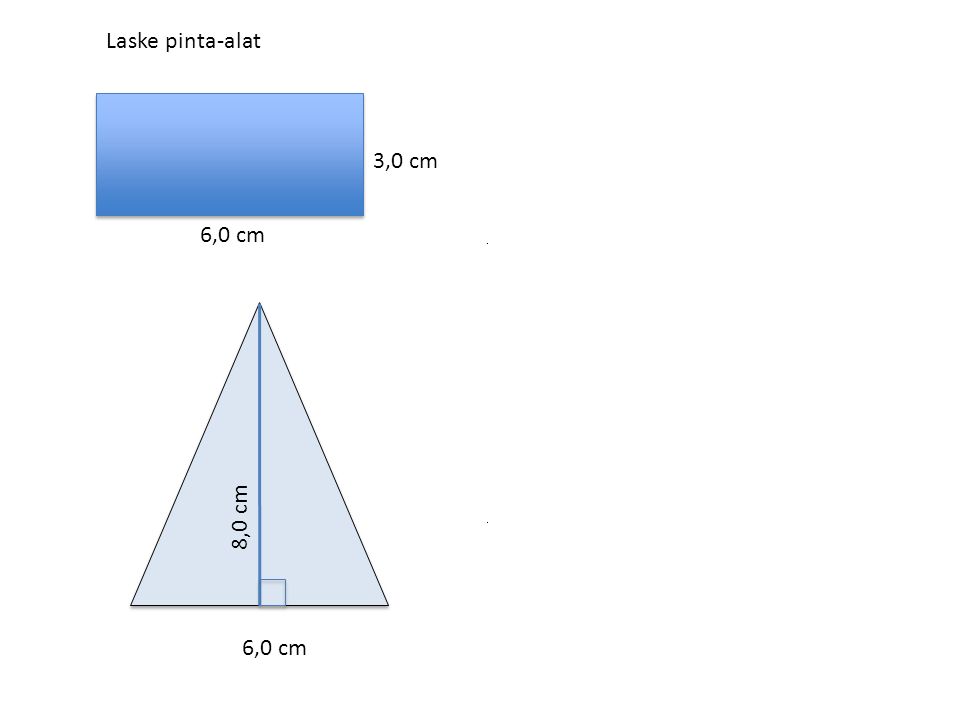 Suorakulmion pinta-ala = kanta · korkeus 6,0 cm 3,0 cm 6,0 cm 8,0 cm Kolmion pinta-ala = (kanta·korkeus):2 Laske pinta-alat