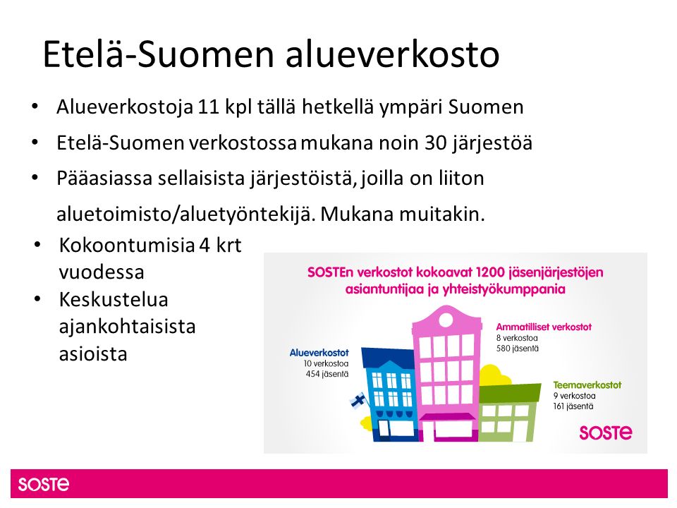 Etelä-Suomen alueverkosto Alueverkostoja 11 kpl tällä hetkellä ympäri Suomen Etelä-Suomen verkostossa mukana noin 30 järjestöä Pääasiassa sellaisista järjestöistä, joilla on liiton aluetoimisto/aluetyöntekijä.