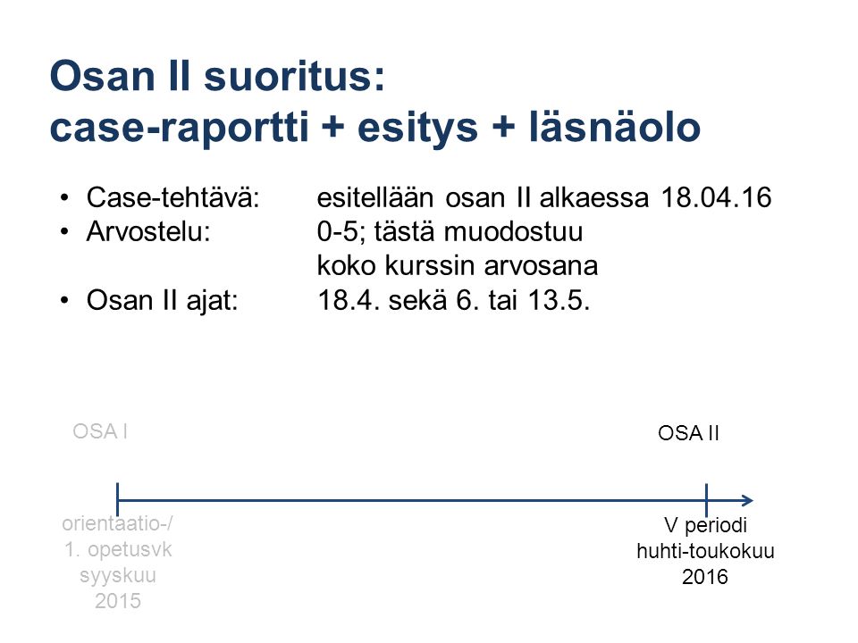 Osan II suoritus: case-raportti + esitys + läsnäolo orientaatio-/ 1.