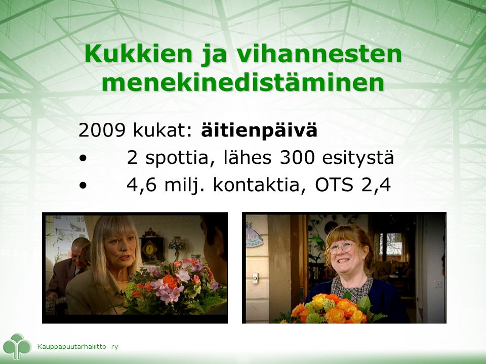 Kauppapuutarhaliitto ry Kukkien ja vihannesten menekinedistäminen 2009 kukat: äitienpäivä •2 spottia, lähes 300 esitystä •4,6 milj.