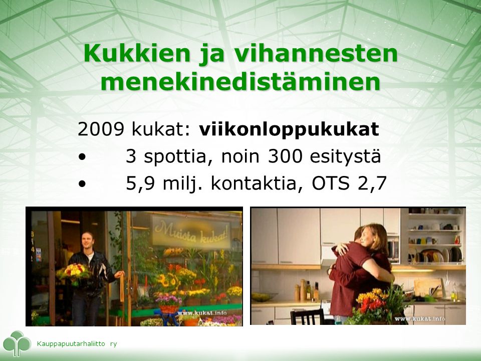 Kauppapuutarhaliitto ry Kukkien ja vihannesten menekinedistäminen 2009 kukat: viikonloppukukat •3 spottia, noin 300 esitystä •5,9 milj.