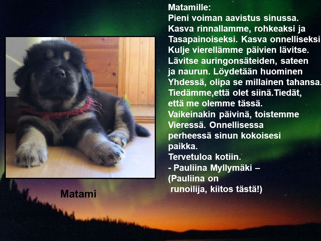 Matami Matamille: Pieni voiman aavistus sinussa. Kasva rinnallamme, rohkeaksi ja Tasapainoiseksi.