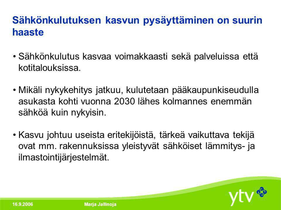 Marja Jallinoja Sähkönkulutuksen kasvun pysäyttäminen on suurin haaste •Sähkönkulutus kasvaa voimakkaasti sekä palveluissa että kotitalouksissa.