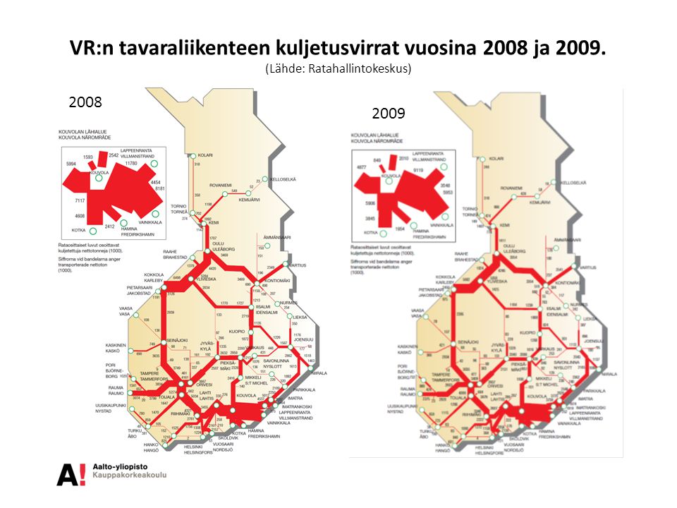 VR:n tavaraliikenteen kuljetusvirrat vuosina 2008 ja (Lähde: Ratahallintokeskus)