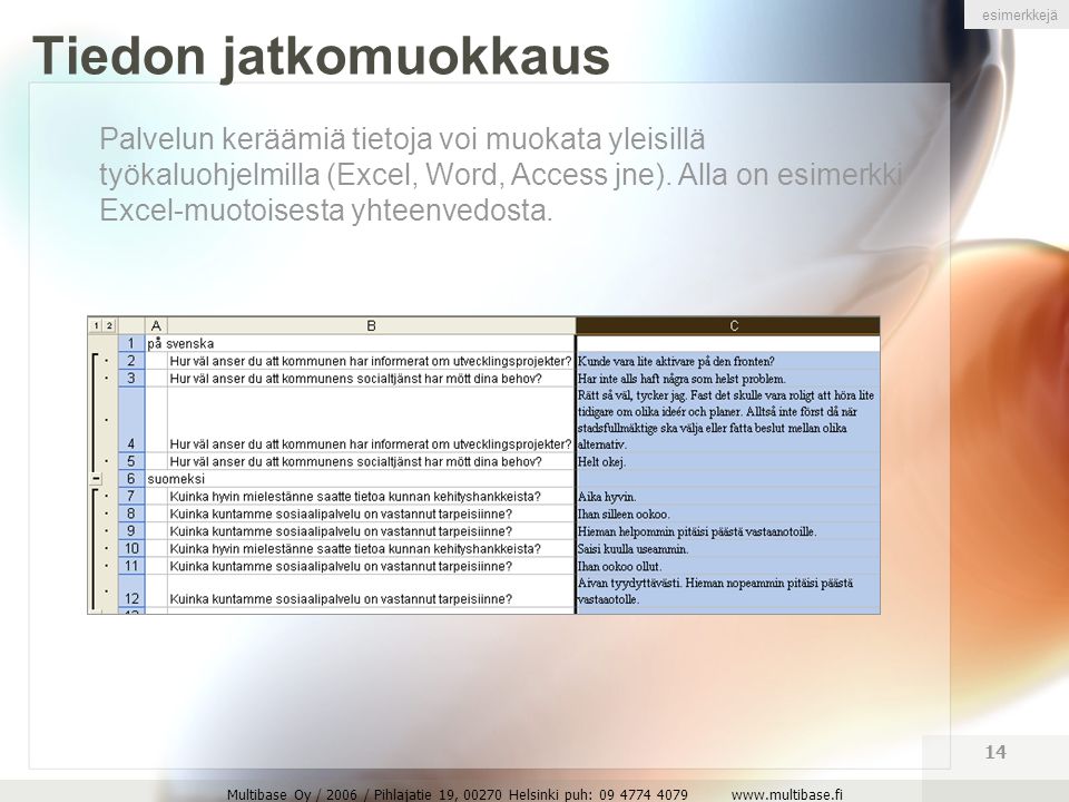 Multibase Oy / 2006 / Pihlajatie 19, Helsinki puh: Tiedon jatkomuokkaus Palvelun keräämiä tietoja voi muokata yleisillä työkaluohjelmilla (Excel, Word, Access jne).