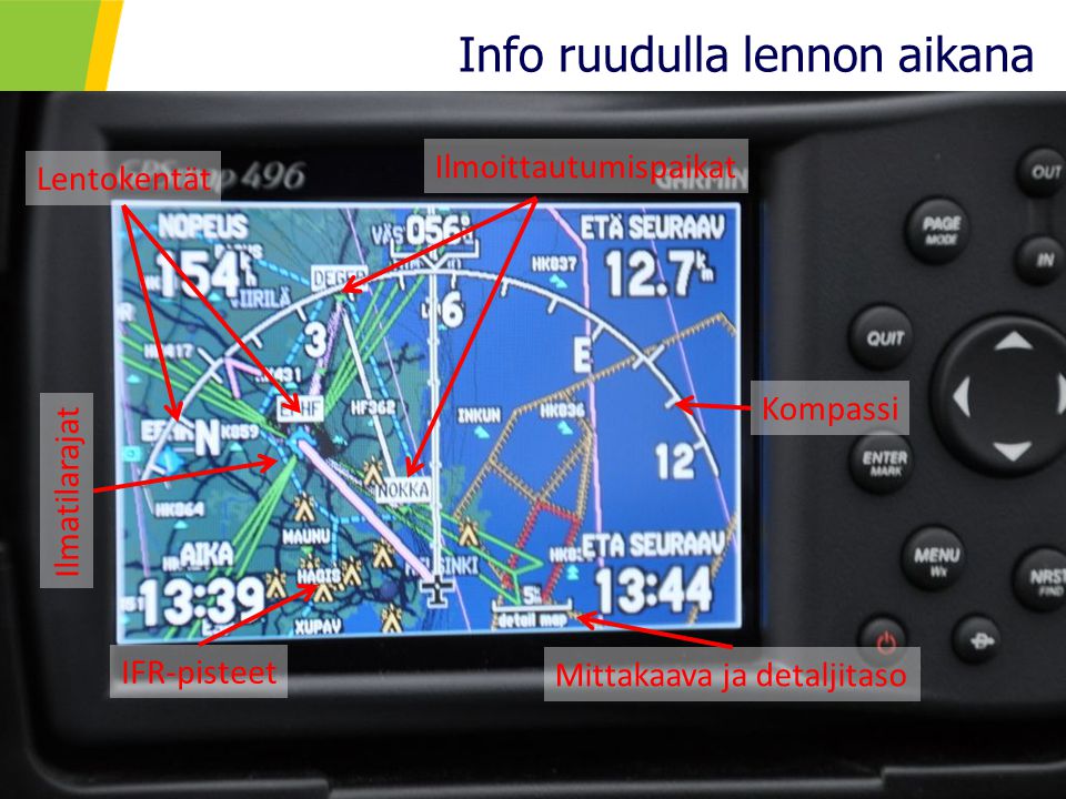 Info ruudulla lennon aikana Lentokentät IFR-pisteet Ilmoittautumispaikat Ilmatilarajat Mittakaava ja detaljitaso Kompassi