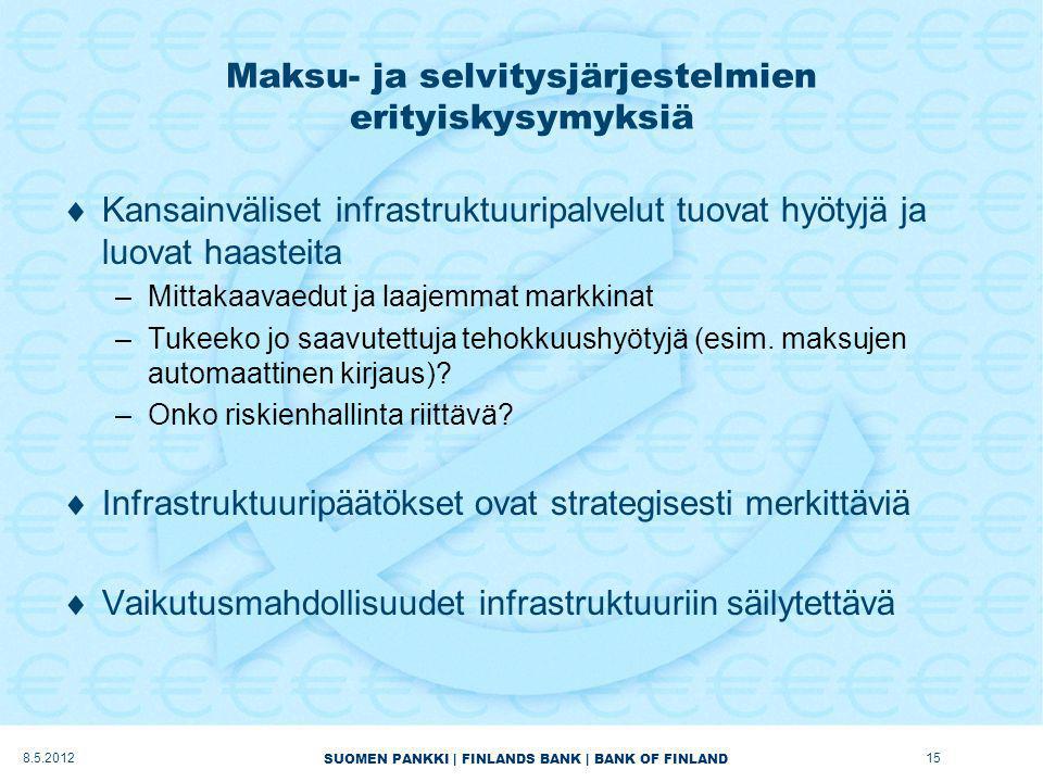 SUOMEN PANKKI | FINLANDS BANK | BANK OF FINLAND Maksu- ja selvitysjärjestelmien erityiskysymyksiä  Kansainväliset infrastruktuuripalvelut tuovat hyötyjä ja luovat haasteita –Mittakaavaedut ja laajemmat markkinat –Tukeeko jo saavutettuja tehokkuushyötyjä (esim.