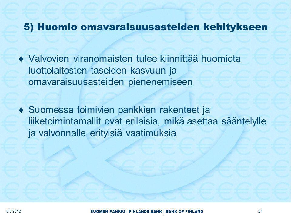 SUOMEN PANKKI | FINLANDS BANK | BANK OF FINLAND 5) Huomio omavaraisuusasteiden kehitykseen  Valvovien viranomaisten tulee kiinnittää huomiota luottolaitosten taseiden kasvuun ja omavaraisuusasteiden pienenemiseen  Suomessa toimivien pankkien rakenteet ja liiketoimintamallit ovat erilaisia, mikä asettaa sääntelylle ja valvonnalle erityisiä vaatimuksia