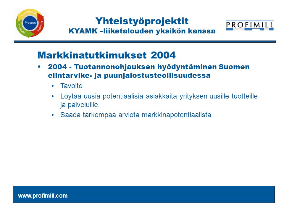 Markkinatutkimukset 2004 • Tuotannonohjauksen hyödyntäminen Suomen elintarvike- ja puunjalostusteollisuudessa •Tavoite •Löytää uusia potentiaalisia asiakkaita yrityksen uusille tuotteille ja palveluille.