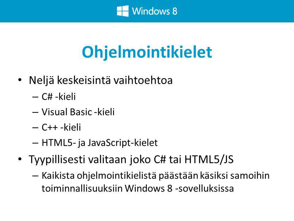Ohjelmointikielet • Neljä keskeisintä vaihtoehtoa – C# -kieli – Visual Basic -kieli – C++ -kieli – HTML5- ja JavaScript-kielet • Tyypillisesti valitaan joko C# tai HTML5/JS – Kaikista ohjelmointikielistä päästään käsiksi samoihin toiminnallisuuksiin Windows 8 -sovelluksissa