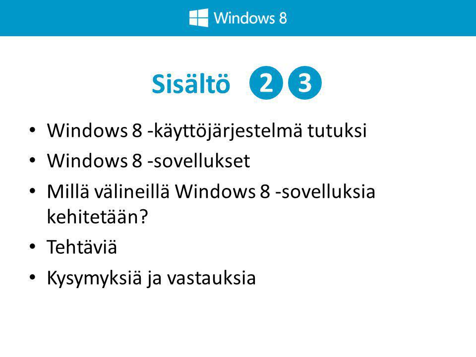 Sisältö❷❸ • Windows 8 -käyttöjärjestelmä tutuksi • Windows 8 -sovellukset • Millä välineillä Windows 8 -sovelluksia kehitetään.