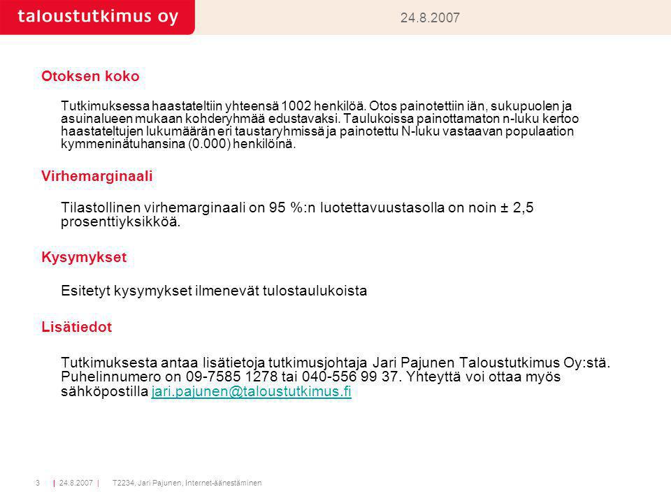 | |3T2234, Jari Pajunen, Internet-äänestäminen Otoksen koko Tutkimuksessa haastateltiin yhteensä 1002 henkilöä.