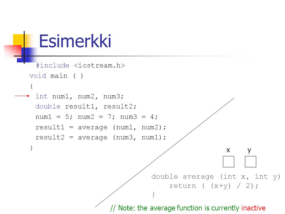 Esimerkki #include void main ( ) { int num1, num2, num3; double result1, result2; num1 = 5; num2 = 7; num3 = 4; result1 = average (num1, num2); result2 = average (num3, num1); } double average (int x, int y) { return ( (x+y) / 2); } x y // Note: the average function is currently inactive