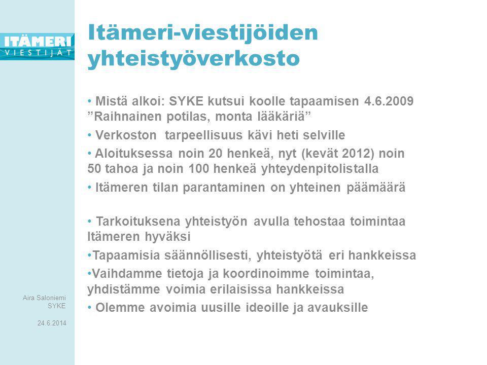Laatija / käsittelijä 5 Itämeri-viestijöiden yhteistyöverkosto • Mistä alkoi: SYKE kutsui koolle tapaamisen Raihnainen potilas, monta lääkäriä • Verkoston tarpeellisuus kävi heti selville • Aloituksessa noin 20 henkeä, nyt (kevät 2012) noin 50 tahoa ja noin 100 henkeä yhteydenpitolistalla • Itämeren tilan parantaminen on yhteinen päämäärä • Tarkoituksena yhteistyön avulla tehostaa toimintaa Itämeren hyväksi •Tapaamisia säännöllisesti, yhteistyötä eri hankkeissa •Vaihdamme tietoja ja koordinoimme toimintaa, yhdistämme voimia erilaisissa hankkeissa • Olemme avoimia uusille ideoille ja avauksille Aira Saloniemi SYKE