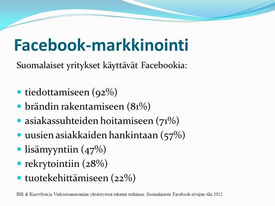 Facebook-markkinointi Suomalaiset yritykset käyttävät Facebookia:  tiedottamiseen (92%)  brändin rakentamiseen (81%)  asiakassuhteiden hoitamiseen (71%)  uusien asiakkaiden hankintaan (57%)  lisämyyntiin (47%)  rekrytointiin (28%)  tuotekehittämiseen (22%) Hill & Knowlton ja Verkostoanatomian yhteistyössä tekemä tutkimus ;Suomalaisten Facebook-sivujen tila 2012